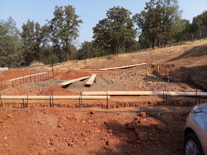 Footing layout with forms and rebar in place